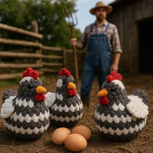 May include: Three handmade crochet chickens with gray, white, and black patterns, red combs, and orange beaks. Three brown eggs are in front of the chickens. A farmer with a pitchfork stands in the background near a wooden fence.