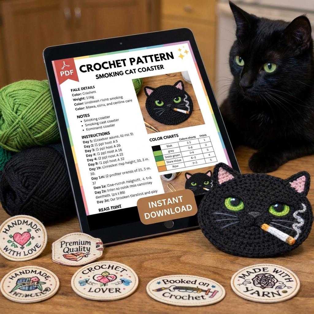 30 Cat Coaster Crochet Patterns for Cat Lovers, Gifts, and Cozy Home Decor 17 Funny Black Cat Coaster Crochet Pattern