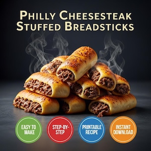 May include: A stack of Philly Cheesesteak Stuffed Breadsticks, with steam rising from them. The breadsticks are golden brown, filled with meat, and the image includes text that says "Easy to Make", "Step-by-Step", "Printable Recipe", and "Instant Download".