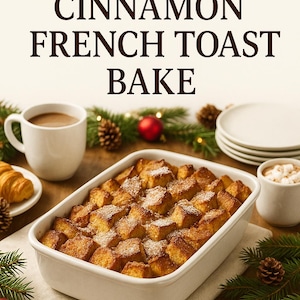 a large casserole dish filled with a dessert-like dish, surrounded by various holiday decorations and food items.