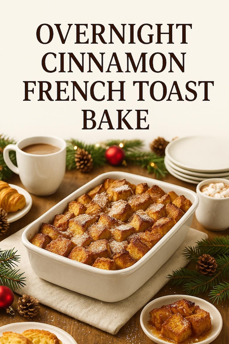 a large casserole dish filled with a dessert-like dish, surrounded by various holiday decorations and food items.