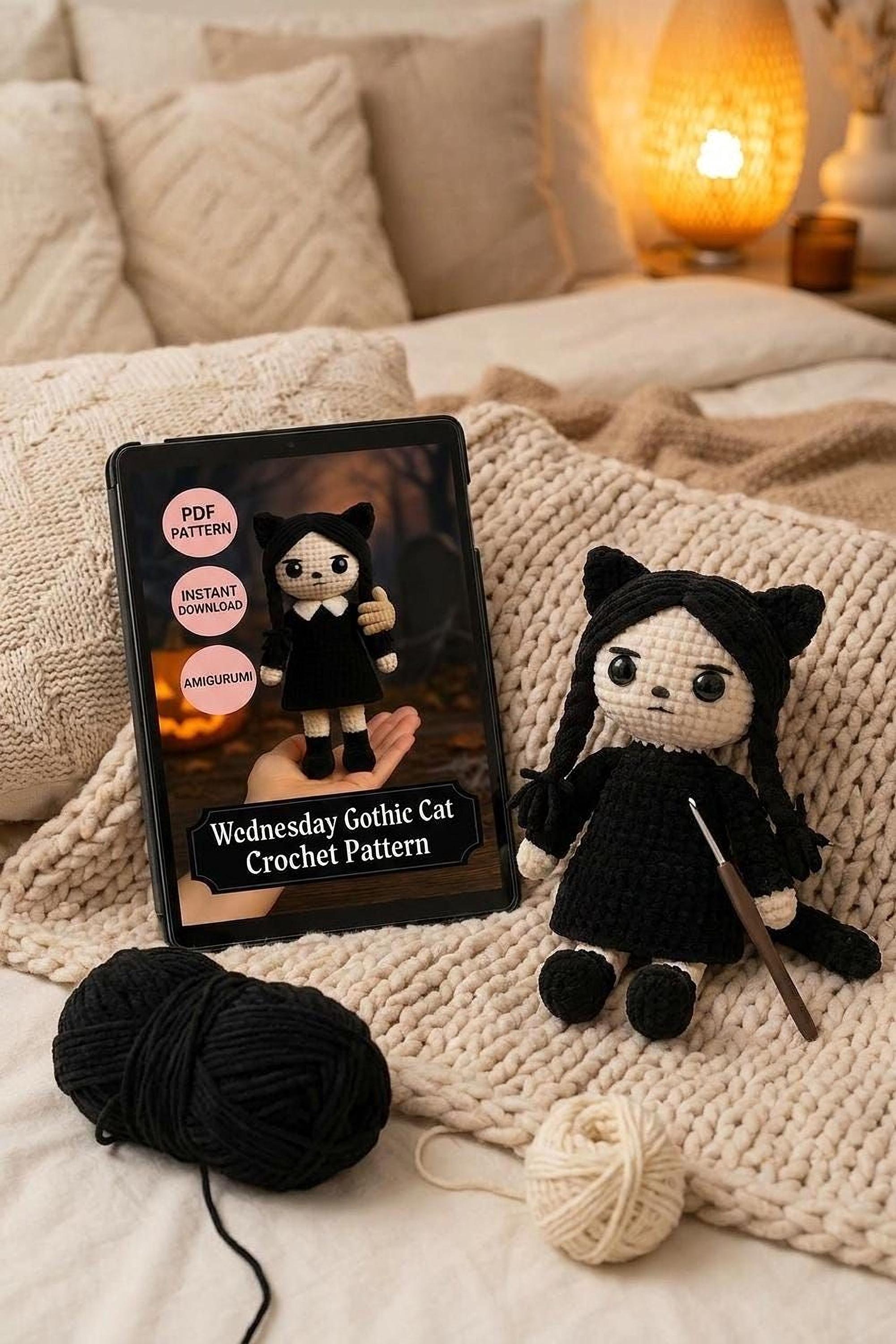 30 Wednesday Crochet Patterns for Dolls, Accessories, and Gothic Gifts 15 Spooky Cute Wednesday Gothic Cat Pattern