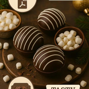 May include: A top-down shot showcases chocolate spheres with white striped designs, alongside small bowls of marshmallows. The image includes text that reads "Instant Download", "Holiday Recipes", and "Tasty Treats". The scene is set on a dark brown surface.