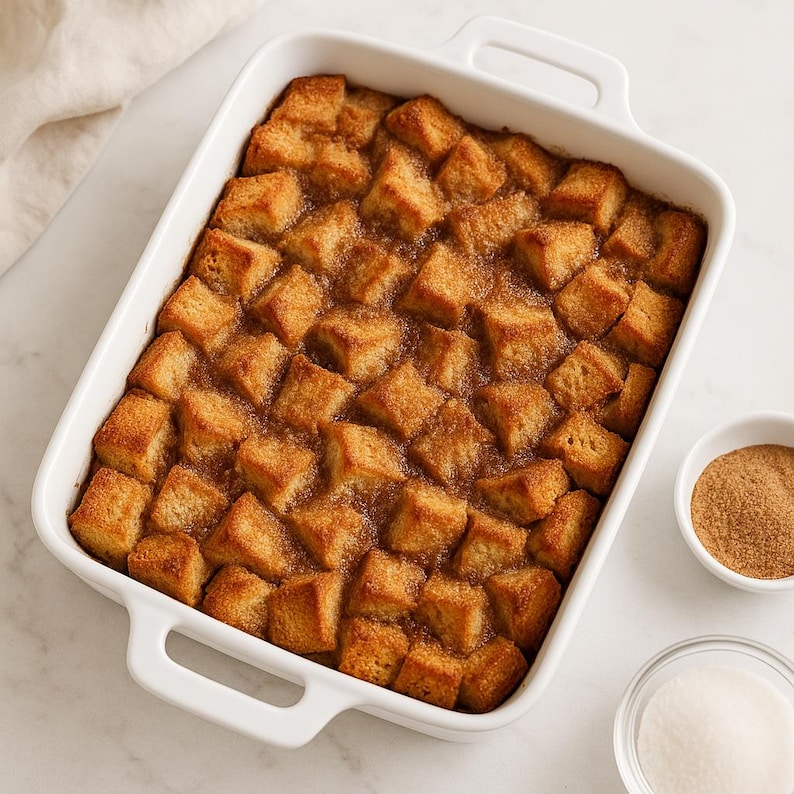 A white ceramic baking dish filled with a golden brown crumbly dessert, likely a bread pudding or similar baked treat, sits on a white marble countertop. To the side of the dish, there are two small bowls containing sugar and cinnamon, suggesting the dessert is being prepared or served.