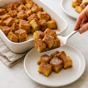 a person scooping small pieces of a dessert, possibly a cake or pastry, onto a plate. The dessert appears to be a square-shaped pastry with a golden-brown crust, and it is dusted with powdered sugar. The person is using a spatula to lift the dessert from a larger dish, which is filled with similar square-shaped pastries. The scene is set on a white marble countertop, creating a visually appealing contrast between the dessert and the background.