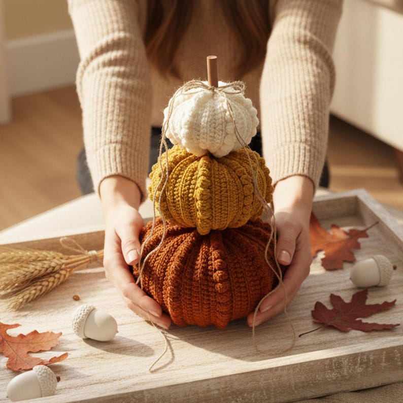 Puede incluir: Una pila de tres calabazas tejidas en tonos blanco, amarillo y naranja. Las calabazas son sostenidas por manos y est&aacute;n decoradas con hilo y un tallo de madera. Un art&iacute;culo decorativo con tem&aacute;tica oto&ntilde;al.