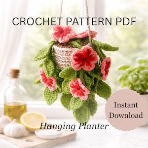 May include: A handmade crochet hanging planter featuring red and pink flowers and green leaves. The planter is suspended by a woven rope. The image includes the text "CROCHET PATTERN PDF" and "Hanging Planter".