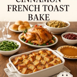 a table set with a variety of dishes, including a large casserole dish filled with a savory-looking food item, a roasted turkey, and several other dishes containing different types of food. The table also has wine glasses and bowls, suggesting a festive meal or gathering.
