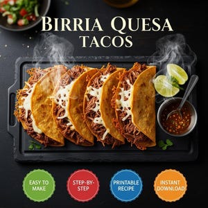 May include: Birria Queso Tacos on a black tray. The tacos are filled with shredded meat and melted cheese. A small bowl of dipping sauce, lime wedges, and text that reads "Easy to Make", "Step-by-Step", "Printable Recipe", and "Instant Download" are also visible.