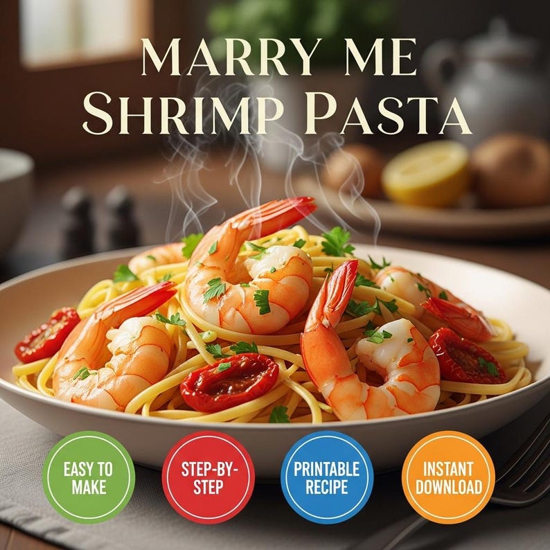 Marry Me Shrimp Pasta Recipe PDF | 15 Minute Seafood Dinner | Digital Download | Creamy Lemon Garlic | Printable Card image 1