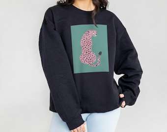 Leopard Graphic Sweatshirt, Minimalist Unisex Crewneck