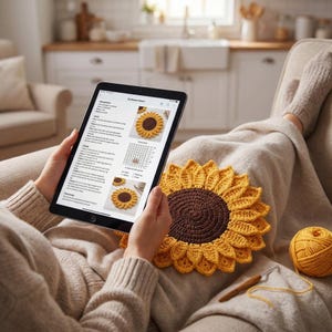 Può includere: Una persona tiene in mano un tablet che mostra un tutorial all'uncinetto con il "Modello Girasole". È visibile un girasole all'uncinetto con un centro marrone e petali gialli. Sono presenti anche un gomitolo di lana gialla e un uncinetto.