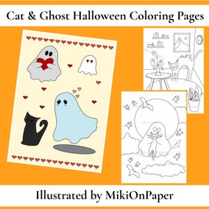 以下が含まれることがあります： ハロウィーンをテーマにしたぬりえ。お化けと猫のイラストが描かれています。ハートを持ったお化け、黒猫、コウモリと月のあるシーンなどが含まれています。上部には「Cat & Ghost Halloween Coloring Pages」と書かれ、下部には「Illustrated by MikiOnPaper」と書かれています。