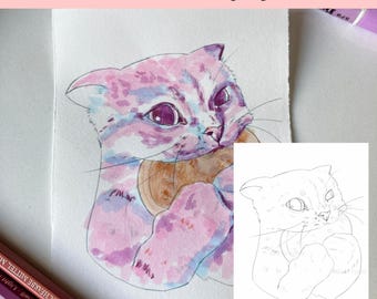 Cute Cat Coloring, Cat Line Art, Color Cartoon Cat, Cat Kawaii Doodle, Sweet Animal Drawings, Cat Lover Gift, Cozy Coloring Pages Printable