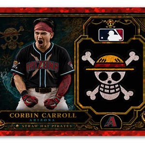 May include: A collectible baseball card featuring Corbin Carroll in an Arizona Diamondbacks uniform, with a Straw Hat Pirates skull and crossbones logo, the MLB logo, and the text Corbin Carroll, Arizona, and Straw Hat Pirates on a red border.