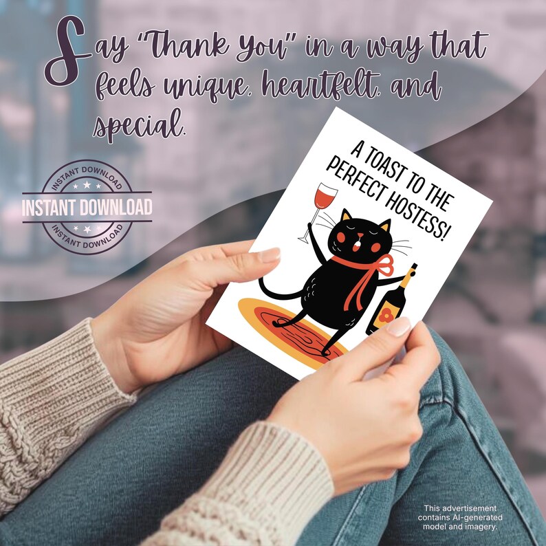 Say "thank you" to your hostess in a way that feels unique, heartfelt, and special with this printable greeting card featuring a cute black cat with rosy cheeks and a red ribbon tied around its neck. The kitty is holding up a wine glass in one paw and a wine bottle in the other. The card says, "A toast to the perfect hostess!" and makes a great last-minute appreciation gift for the hostess of any party or event.