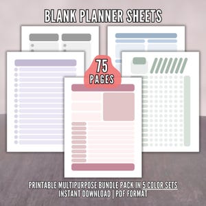 75-Page Printable Planner & Organizer Bundle for Checklists, Game Scorepads, Weight Loss Meal Trackers - 5 Color Sets, 15 Blank Sheets Each