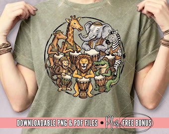 Animal Djembe Drum Circle PNG w/ Free Sticker Collages + A4 & US Letter PDF, Downloadable Graphic for Apparel, Mugs, Totes, Phone Cases, Etc