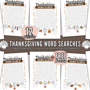Thanksgiving Word Search Puzzles, 12 Printable Fall Activity Pages for Kids, Adults, Seniors - Downloadable Holiday Games - US Letter, A4