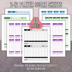 60 Printable Score Sheet Bundle - Dice, Cards, Board Game Trackers for 2-12 Players - Instant Digital Download - 4 Color Sets, 15 Pages Each