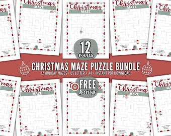 Christmas Maze Bundle, 12 Printable Winter Activity Pages for Kids - Downloadable Travel, Home, or Classroom Activities, US Letter, A4