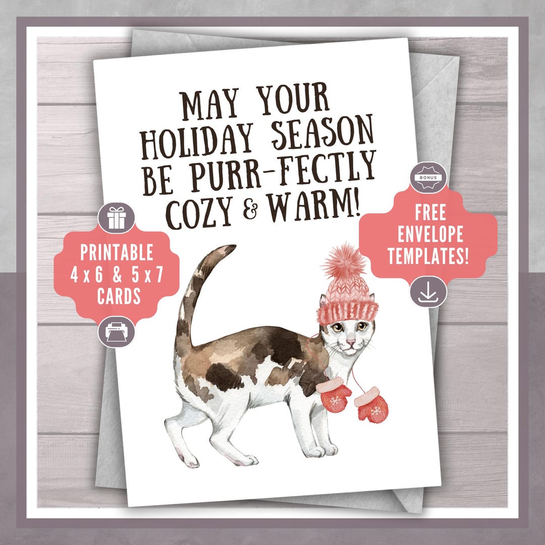 Cute Cat Christmas Card Printable Pet Holiday Greeting for Animal Lover ...