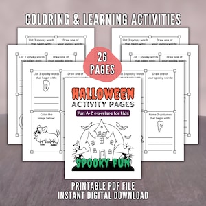 子供向けハロウィンアクティビティページ（A～Z）、印刷可能なアルファベットワークシート - 楽しく早期学習できる文字認識、塗り絵、お絵かき練習