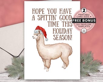 Alpaca Christmas Card, Printable Gift for Her or Him, FREE Envelope Template, Downloadable 4x6 & 5x7 Watercolor Farm Animal Greeting Cards