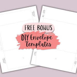 Free bonus envelope templates included with purchase of hostess thank you greeting cards. Printable PDF file includes A6 size to fit 4-inch by 6-inch cards and A7 size to fit 5-inch by 7-inch cards. Instructions are included for printing, cutting, folding, gluing or taping, and assembling. Instant digital download only. No product shipped.