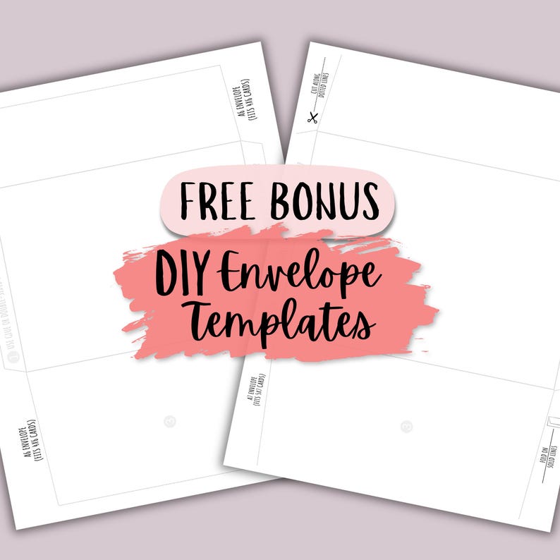 Free bonus envelope templates included with purchase of hostess thank you greeting cards. Printable PDF file includes A6 size to fit 4-inch by 6-inch cards and A7 size to fit 5-inch by 7-inch cards. Instructions are included for printing, cutting, folding, gluing or taping, and assembling. Instant digital download only. No product shipped.