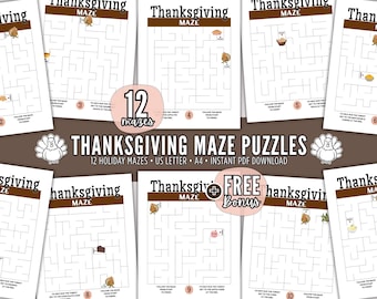 Thanksgiving Maze Puzzles, 12 Printable Fall Activity Pages - Downloadable Solo, Party, Classroom Games for Kids or Adults - US Letter, A4