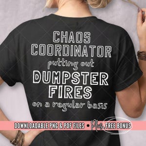 Chaos Coordinator PNG, Dumpster Fire Graphic for Coworker or Boss Gifts, Free Printable Sticker Designs, A4 & US Letter PDF, Downloadable