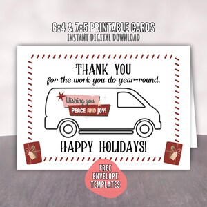Op de afbeelding: Een witte wenskaart met een zwarte busje illustratie en de tekst "THANK YOU for the work you do year-round." De kaart bevat ook de tekst "Wishing you PEACE AND JOY!" en "HAPPY HOLIDAYS!"