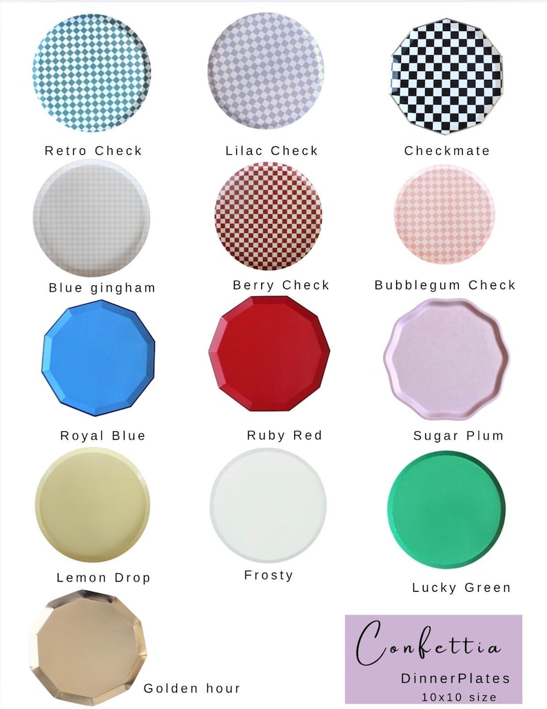 Op de afbeelding: Een verzameling kleurrijke papieren borden in verschillende ontwerpen en kleuren, waaronder ruitpatronen en effen tinten. De borden zijn rond en achthoekig, met kleuren als blauw, rood en groen. De tekst "Confettia Dinner Plates 10x10 size" is ook zichtbaar.