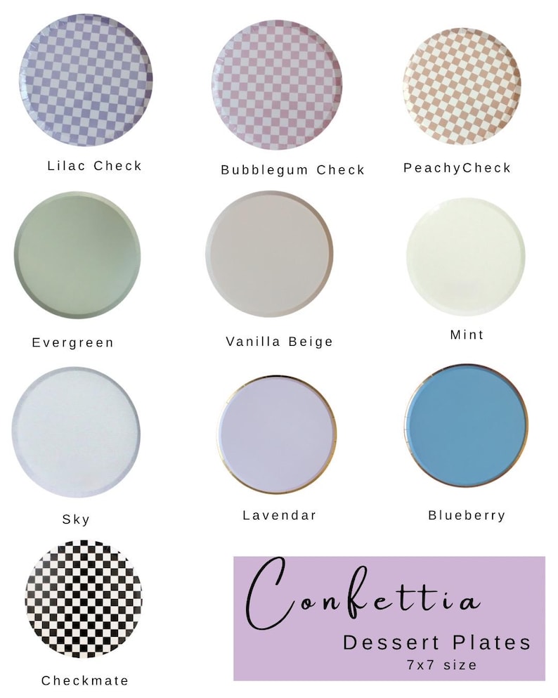 Op de afbeelding: Een verzameling ronde dessertborden in diverse kleuren en patronen, waaronder lila ruit, bubblegum ruit, perzik ruit, groen, vanille beige, mint, hemelsblauw, lavendel, bosbes en schaakbord. De borden zijn 17,78 x 17,78 cm.