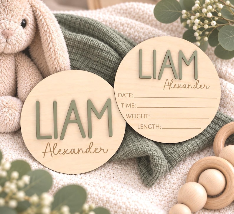 Puede incluir: Dos placas circulares de madera clara con el nombre LIAM en letras verdes salvia en relieve y Alexander en cursiva. Una placa incluye l&iacute;neas impresas para Fecha, Hora, Peso y Longitud para registrar los datos de nacimiento de un beb&eacute;.