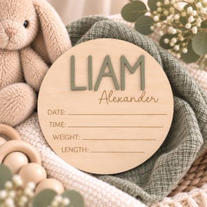 Puede incluir: Un letrero redondo de madera para anuncio de nacimiento con el nombre LIAM Alexander en letras en relieve de color verde salvia. La placa incluye l&iacute;neas grabadas para registrar la fecha, hora, peso y longitud de un reci&eacute;n nacido.