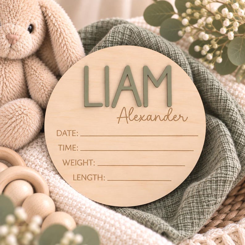 Puede incluir: Un letrero redondo de madera para anuncio de nacimiento con el nombre LIAM Alexander en letras en relieve de color verde salvia. La placa incluye l&iacute;neas grabadas para registrar la fecha, hora, peso y longitud de un reci&eacute;n nacido.