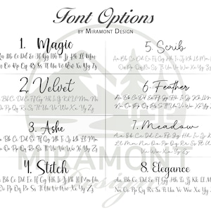 May include: A white graphic displaying eight different font styles, each with a sample of the alphabet. The text "Font Options" and "BY MIRAMONT DESIGN" are at the top of the graphic.