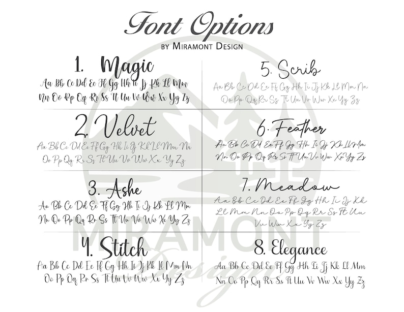 May include: A white graphic displaying eight different font styles, each with a sample of the alphabet. The text "Font Options" and "BY MIRAMONT DESIGN" are at the top of the graphic.