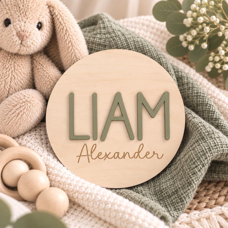 Puede incluir: Una placa de madera circular que presenta el nombre LIAM en letras grandes, elevadas y de color verde salvia sin remates, con el nombre Alexander escrito debajo en una letra cursiva marr&oacute;n m&aacute;s peque&ntilde;a. La placa est&aacute; junto a un juguete beige.