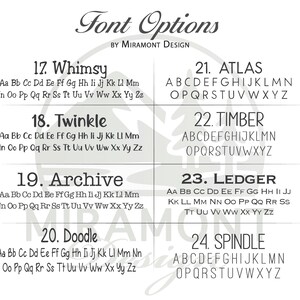 May include: A white graphic displaying font options, including "Whimsy," "Twinkle," "Archive," and "Doodle," each with a sample of the alphabet. The image also displays "Atlas," "Timber," "Ledger," and "Spindle" fonts.