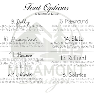 May include: A white graphic displays font options, including Dolly, Homestead, Bounce, Marble, Playground, Slate, Refined, and Solstice. Each font is shown with a sample of the alphabet in a variety of styles, from cursive to bold.