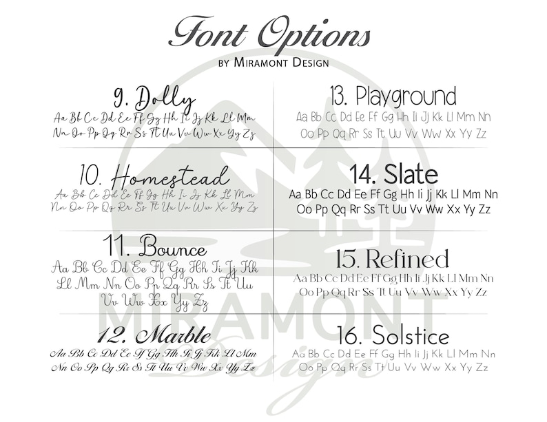 May include: A white graphic displays font options, including Dolly, Homestead, Bounce, Marble, Playground, Slate, Refined, and Solstice. Each font is shown with a sample of the alphabet in a variety of styles, from cursive to bold.
