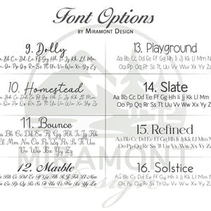 Puede incluir: Una tabla de selecci&oacute;n de fuentes en blanco y negro titulada Font Options by Miramont Design. Muestra ocho estilos de tipograf&iacute;a numerados etiquetados como 9. Dolly, 10. Homestead, 11. Bounce, 12. Marble, 13. Playground, 14. Slate, 15. Refined y 16. Solstice.