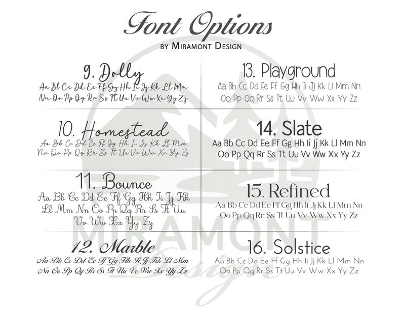 Puede incluir: Una tabla de selecci&oacute;n de fuentes en blanco y negro titulada Font Options by Miramont Design. Muestra ocho estilos de tipograf&iacute;a numerados etiquetados como 9. Dolly, 10. Homestead, 11. Bounce, 12. Marble, 13. Playground, 14. Slate, 15. Refined y 16. Solstice.