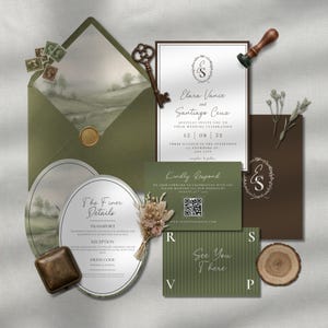 May include: Wedding invitation suite with olive green and brown accents. Includes an invitation, RSVP card, details card, and envelope. The invitation features the names "Elara Vance and Santiago Cruz". Decorative elements include a key, stamps, and a wax seal.