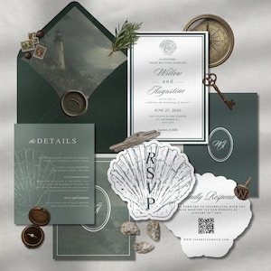 May include: A wedding stationery set in dark green and white featuring a lighthouse envelope liner, a shell-shaped RSVP card, a details card, and a response card with a QR code. Includes a vintage compass, a metal key, and a small ring box.
