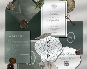 Moody Coastal Wedding Invitation Template, Editable Canva Wedding Suite, Nautical Lighthouse Oyster Shell RSVP Set