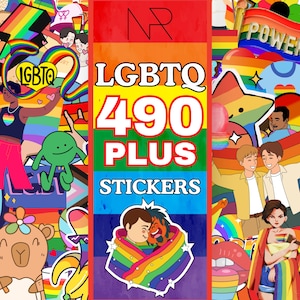 Pode incluir: Uma coleção de mais de 490 adesivos com tema LGBTQ apresentando diversas ilustrações, incluindo bandeiras arco-íris, corações, personagens, animais e pessoas envoltas em cobertores arco-íris, com o texto LGBTQ 490 PLUS STICKERS.